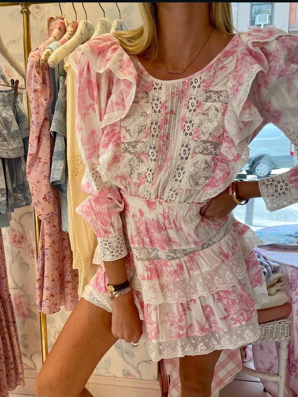 NWT LoveShackFancy Santorini Pink White Embroidered Lace Ruffle Tiered Dress L